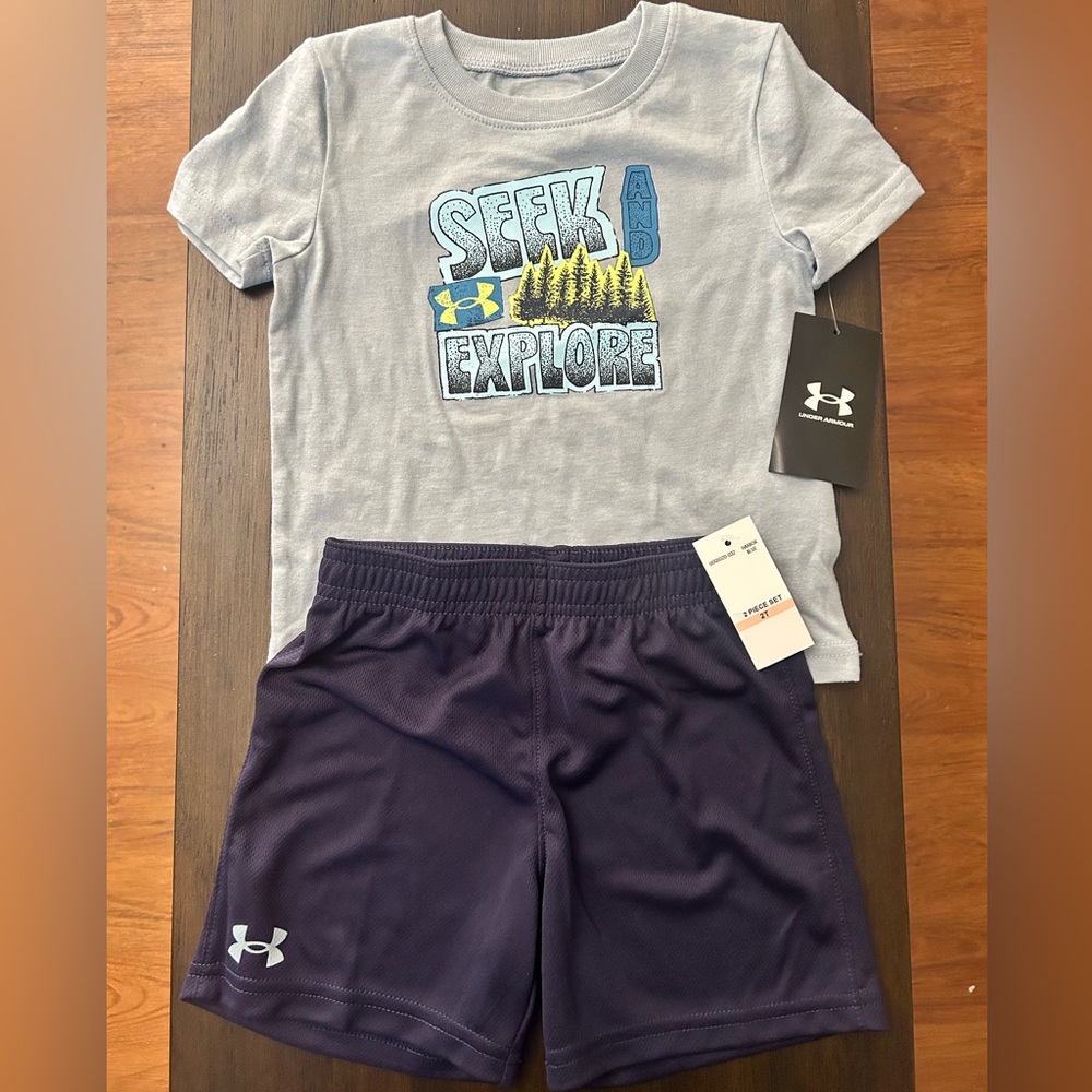 NWT Under Armour Boys Graphic T-Shirt & Navy Shorts Set | Size 2T